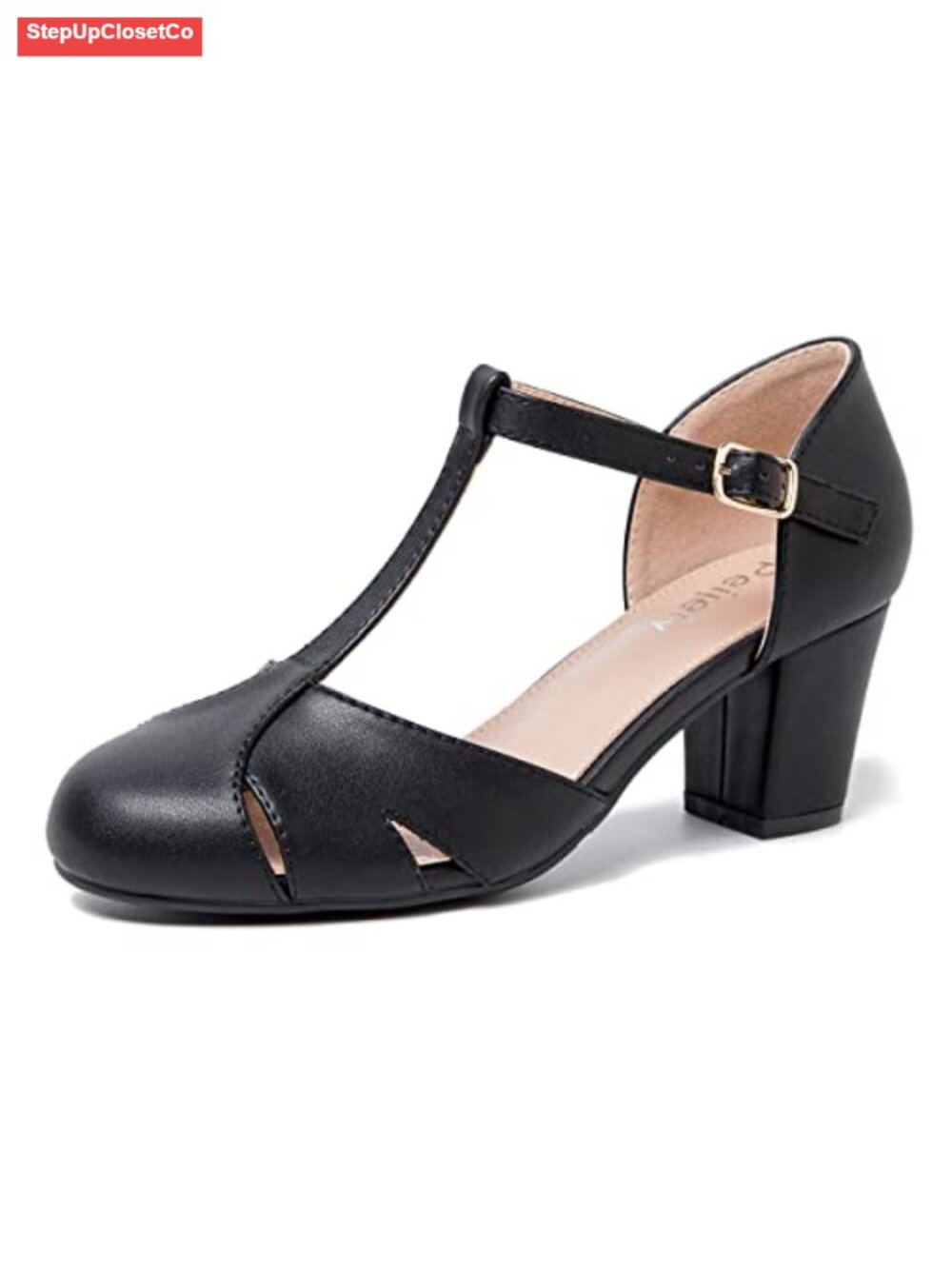T-Strap Block Heel Pumps Synthetic PU Ankle Buckle Dress Shoes